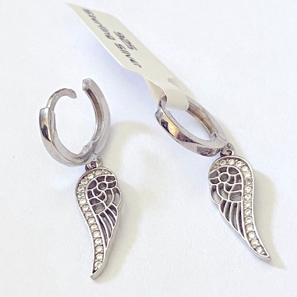 SOLD❣️Silver angel wing cz dangle hoop earrings - Picture 2 of 5